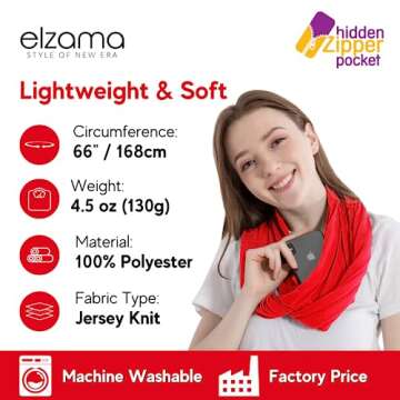 elzama Infinity Loop Solid Color Scarf With Hidden Zipper Pocket For Women, Travel Neck Wrap
