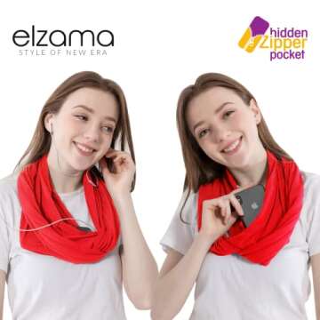 elzama Infinity Loop Solid Color Scarf With Hidden Zipper Pocket For Women, Travel Neck Wrap