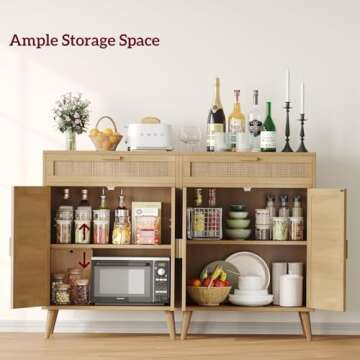 Irontar Rattan Storage Cabinet Set of 2, Buffet Sideboard Cabinet with Storage, Coffee Bar Cabinet with Drawer & Doors, Accent Floor Cabinet for Living Room, Dinning Room, Entryway, Natural CWG012M02
