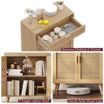 Irontar Rattan Storage Cabinet Set of 2, Buffet Sideboard Cabinet with Storage, Coffee Bar Cabinet with Drawer & Doors, Accent Floor Cabinet for Living Room, Dinning Room, Entryway, Natural CWG012M02