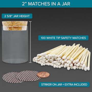 2" White Matches in a Jar + Striker Stickers Included | 100 Classy White Tip Decorative Safety Match...