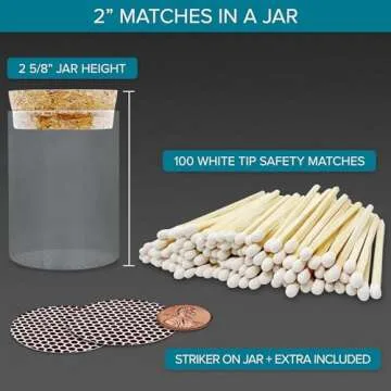 2" White Matches in a Jar + Striker Stickers Included | 100 Classy White Tip Decorative Safety Match...