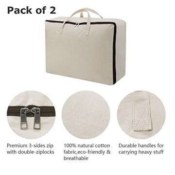 Breathable Canvas Cotton Soft Storage Bags with 3-side Zip Handles, Bedding, Sweaters, Clothes Organizer in Wardrobe, Beige, 2pcs
