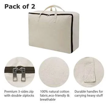 Breathable Canvas Cotton Soft Storage Bags with 3-side Zip Handles, Bedding, Sweaters, Clothes Organizer in Wardrobe, Beige, 2pcs