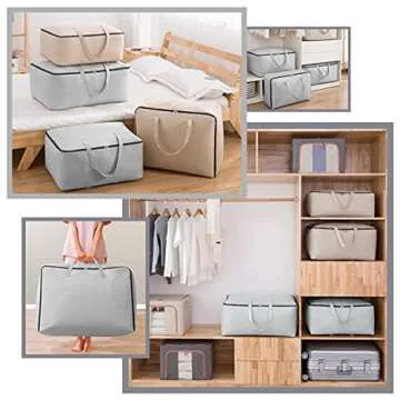 Breathable Canvas Cotton Soft Storage Bags with 3-side Zip Handles, Bedding, Sweaters, Clothes Organizer in Wardrobe, Beige, 2pcs