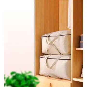 Breathable Canvas Cotton Soft Storage Bags with 3-side Zip Handles, Bedding, Sweaters, Clothes Organizer in Wardrobe, Beige, 2pcs