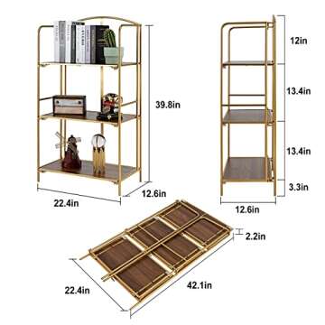 Crofy No Assembly Folding Bookshelf for Living Room, 3 Tier Gold Collapsible Book Shelf for Home Office, Portable Bookcase Storage Organizer