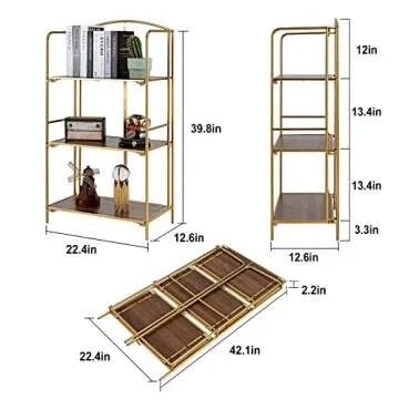 Crofy No Assembly Folding Bookshelf for Living Room, 3 Tier Gold Collapsible Book Shelf for Home Office, Portable Bookcase Storage Organizer