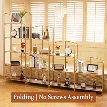 Crofy No Assembly Folding Bookshelf for Living Room, 3 Tier Gold Collapsible Book Shelf for Home Office, Portable Bookcase Storage Organizer