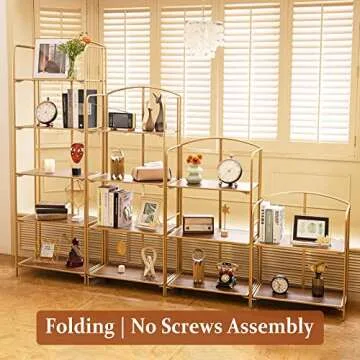 Crofy No Assembly Folding Bookshelf for Living Room, 3 Tier Gold Collapsible Book Shelf for Home Office, Portable Bookcase Storage Organizer