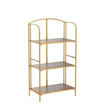 Crofy No Assembly Folding Bookshelf for Living Room, 3 Tier Gold Collapsible Book Shelf for Home Office, Portable Bookcase Storage Organizer