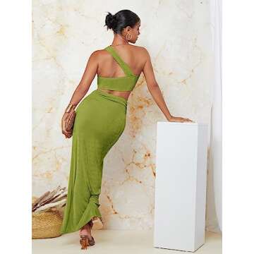 Floerns Women's 2 Piece Outfit One Shoulder Crop Top with Split Thigh Skirt Set Lime Green L