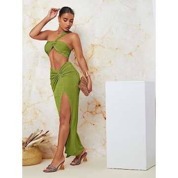 Floerns Women's 2 Piece Outfit One Shoulder Crop Top with Split Thigh Skirt Set Lime Green L