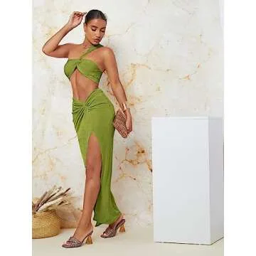Floerns Women's 2 Piece Outfit One Shoulder Crop Top with Split Thigh Skirt Set Lime Green L