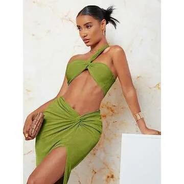 Floerns Women's 2 Piece Outfit One Shoulder Crop Top with Split Thigh Skirt Set Lime Green L