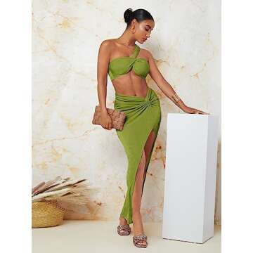 Floerns Women's 2 Piece Outfit One Shoulder Crop Top with Split Thigh Skirt Set Lime Green L