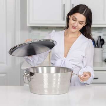 BREKX Insulated Stainless Steel Large Ice Bucket with Lid for Parties - Anchored Metal Ice & Beverag...