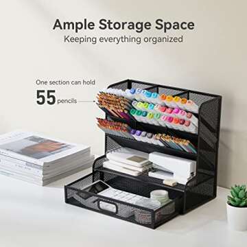 FURNINXS Mesh Desk Organizer with Drawer, Desktop Office Supplies Multi-Functional Caddy Pen Holder ...