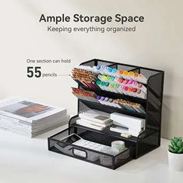 FURNINXS Mesh Desk Organizer with Drawer, Desktop Office Supplies Multi-Functional Caddy Pen Holder ...