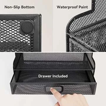 FURNINXS Mesh Desk Organizer with Drawer, Desktop Office Supplies Multi-Functional Caddy Pen Holder Stationery Accessories, Art Storage Supplies for Office Home School, Black