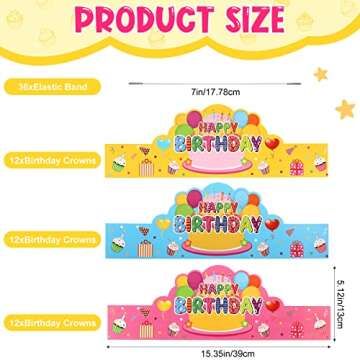 Yunsailing 36 Pcs Happy Birthday Crowns for Kids Paper Birthday Hat Crowns for Classroom Gifts Kids' Party(Pink, Yellow, Blue)