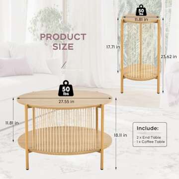 Brafab Natural Fiber Rope Coffee Table Set of 3 for Living Room, Round Wooden Rattan Coffee Table an...
