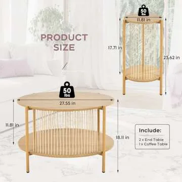 Brafab Natural Fiber Rope Coffee Table Set of 3 for Living Room, Round Wooden Rattan Coffee Table an...