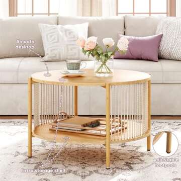 Brafab Natural Fiber Rope Coffee Table Set of 3 for Living Room, Round Wooden Rattan Coffee Table and Two End Tables, Boho 2 Tier Modern Side Table with Metal Frame for Apartment Office (Natural)