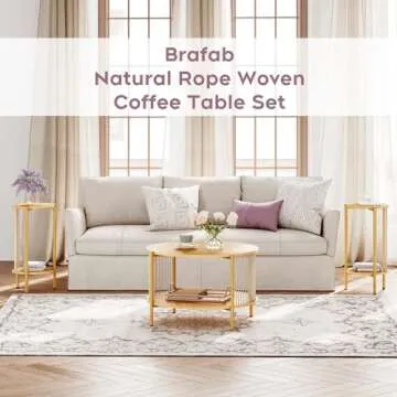 Brafab Natural Fiber Rope Coffee Table Set of 3 for Living Room, Round Wooden Rattan Coffee Table and Two End Tables, Boho 2 Tier Modern Side Table with Metal Frame for Apartment Office (Natural)