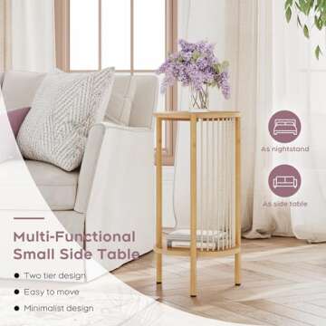 Brafab Natural Fiber Rope Coffee Table Set of 3 for Living Room, Round Wooden Rattan Coffee Table and Two End Tables, Boho 2 Tier Modern Side Table with Metal Frame for Apartment Office (Natural)