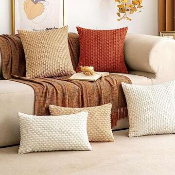 EMEMA Fall Throw Pillow Covers Soft Corduroy Decorative Boho Striped Pillowcases Square Cushion Case Farmhouse Home Decor for Couch Sofa Living Room Bed Set of 2, 18x18 Inch Burnt Orange