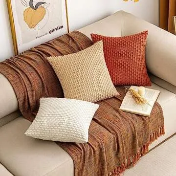 EMEMA Fall Throw Pillow Covers Soft Corduroy Decorative Boho Striped Pillowcases Square Cushion Case Farmhouse Home Decor for Couch Sofa Living Room Bed Set of 2, 18x18 Inch Burnt Orange