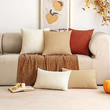 EMEMA Fall Throw Pillow Covers Soft Corduroy Decorative Boho Striped Pillowcases Square Cushion Case Farmhouse Home Decor for Couch Sofa Living Room Bed Set of 2, 18x18 Inch Burnt Orange