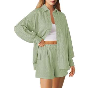 HAPCOPE Women's 2 Piece Outfits Long Puff Sleeve Blouse Shirt High Waisted Side Pocket Shorts Set Li...