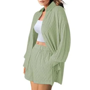 HAPCOPE Women's 2 Piece Outfits Long Puff Sleeve Blouse Shirt High Waisted Side Pocket Shorts Set Light Green L
