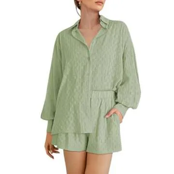 HAPCOPE Women's 2 Piece Outfits Long Puff Sleeve Blouse Shirt High Waisted Side Pocket Shorts Set Light Green L