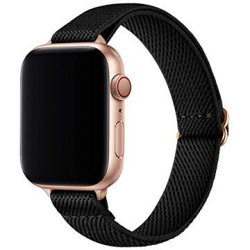 SICCIDEN Slim Stretchy Bands Compatible with Apple Watch Band 42mm 41mm 40mm 38mm, Women Elastics Nylon Thin Strap for iWatch SE2 SE Series 10 9 8 7 6 5 4 3 2 1 (Black/Rose Gold)