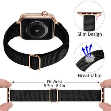 SICCIDEN Slim Stretchy Bands Compatible with Apple Watch Band 42mm 41mm 40mm 38mm, Women Elastics Nylon Thin Strap for iWatch SE2 SE Series 10 9 8 7 6 5 4 3 2 1 (Black/Rose Gold)