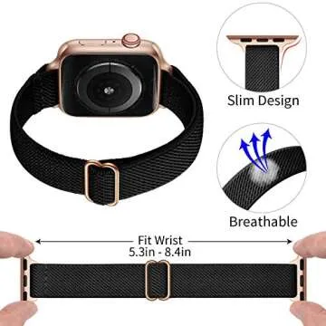 SICCIDEN Slim Stretchy Bands Compatible with Apple Watch Band 42mm 41mm 40mm 38mm, Women Elastics Nylon Thin Strap for iWatch SE2 SE Series 10 9 8 7 6 5 4 3 2 1 (Black/Rose Gold)