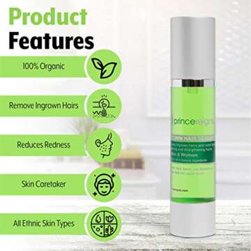 Princereigns Ingrown Hair Serum - Organic Razor Bump & Redness Solution for Men & Women, Ideal for Face, Bikini, Legs, Underarm, Prevents Future Ingrown Hairs, No Alcohol or Oils - 2 Fl. Oz