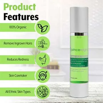 Princereigns Ingrown Hair Serum - Organic Razor Bump & Redness Solution for Men & Women, Ideal for Face, Bikini, Legs, Underarm, Prevents Future Ingrown Hairs, No Alcohol or Oils - 2 Fl. Oz