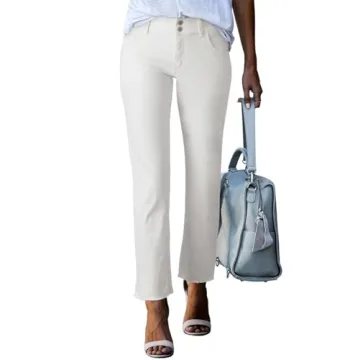 Sidefeel Women's White Jeans High Waisted Raw Hem Straight Legs Denim Pants Size 14 White