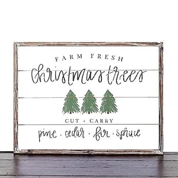 Sweet Water Decor Farm Fresh Christmas Trees Wood Sign 18x24" | Rustic Christmas Wall Art with Unique Distressed Wooden Frame | Farmhouse Holiday Decoration for Kitchen, Office, Living Room, and Home
