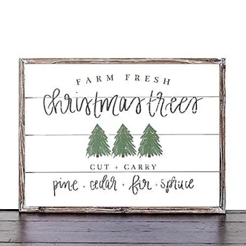 Sweet Water Decor Farm Fresh Christmas Trees Wood Sign 18x24" | Rustic Christmas Wall Art with Unique Distressed Wooden Frame | Farmhouse Holiday Decoration for Kitchen, Office, Living Room, and Home