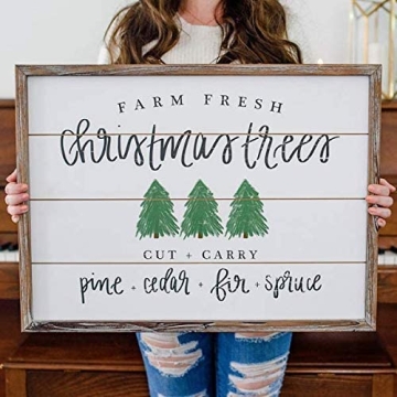 Sweet Water Decor Farm Fresh Christmas Trees Wood Sign 18x24" | Rustic Christmas Wall Art with Unique Distressed Wooden Frame | Farmhouse Holiday Decoration for Kitchen, Office, Living Room, and Home