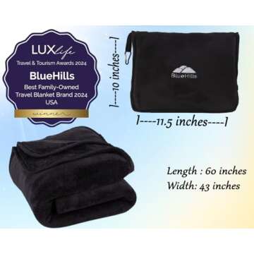 BlueHills 2-Pack Premium Soft Travel Blanket Pillow Airplane Blanket for Two in Soft Bag Pillowcase with Hand Luggage Belt and Backpack Clip, Compact Pack Large Blankets for Travel (Black T014)