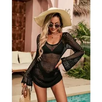 Blooming Jelly Womens Crochet Swimsuit Cover Up Sexy Beach Cover Up Dress Drawstring Bikini Coverup 2024 (Medium, Black)