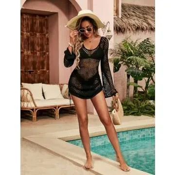 Blooming Jelly Womens Crochet Swimsuit Cover Up Sexy Beach Cover Up Dress Drawstring Bikini Coverup 2024 (Medium, Black)