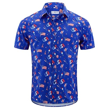 ENVMENST Men's American Flag Button Down Shirts Casual Short Sleeve Patriotic Hawaiian Shirt（Blue,...
