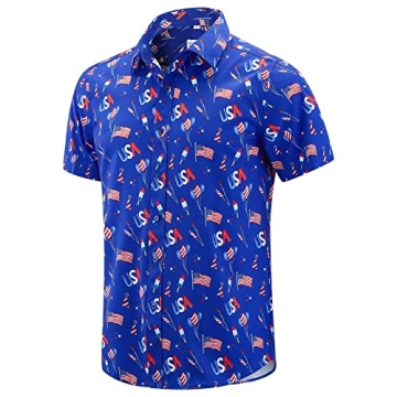 ENVMENST Men's American Flag Button Down Shirts Casual Short Sleeve Patriotic Hawaiian Shirt（Blue,L
